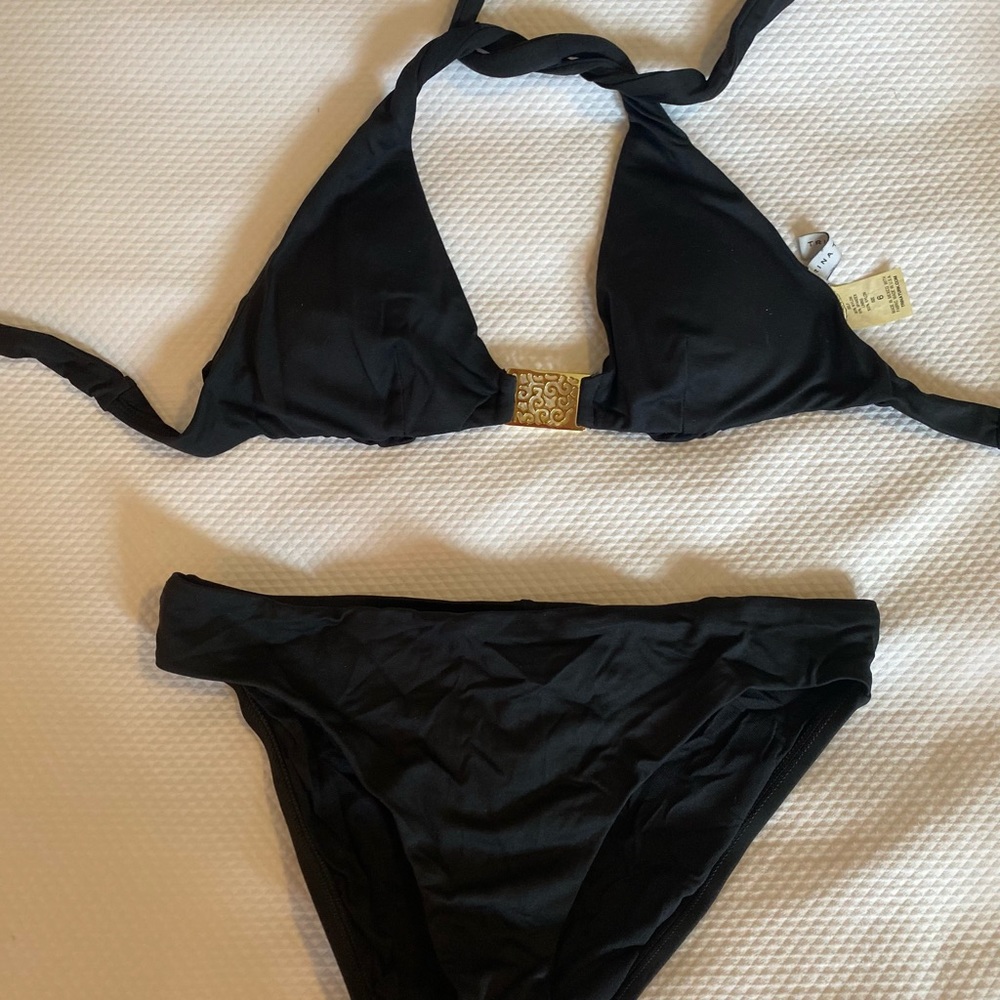 Trina Turk black two piece with gold accents